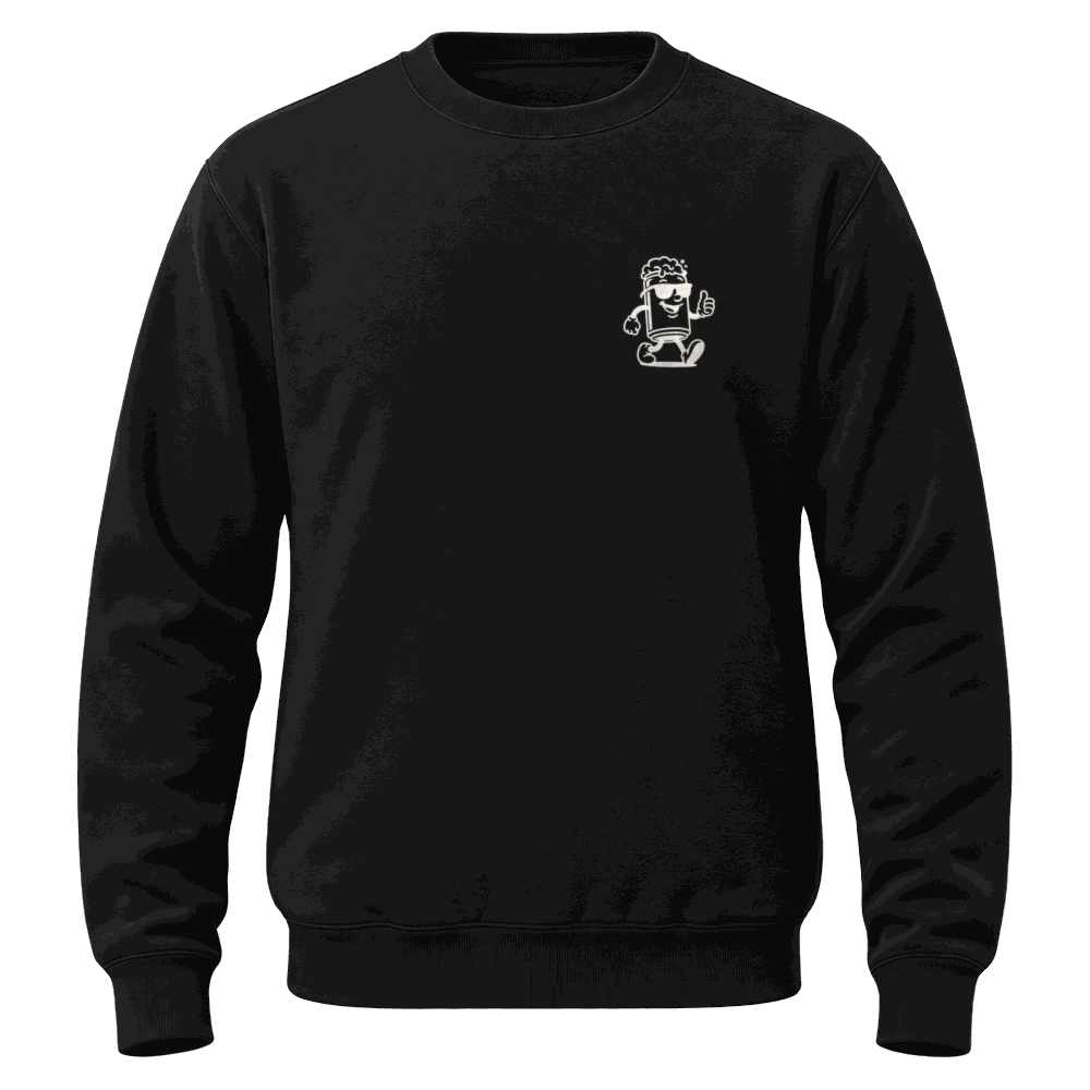 Black fleece crew-neck sweatshirt with ribbed collar and cuffs and the ODC mascot printed small in offwhite on the chest, photographed on a plain ground