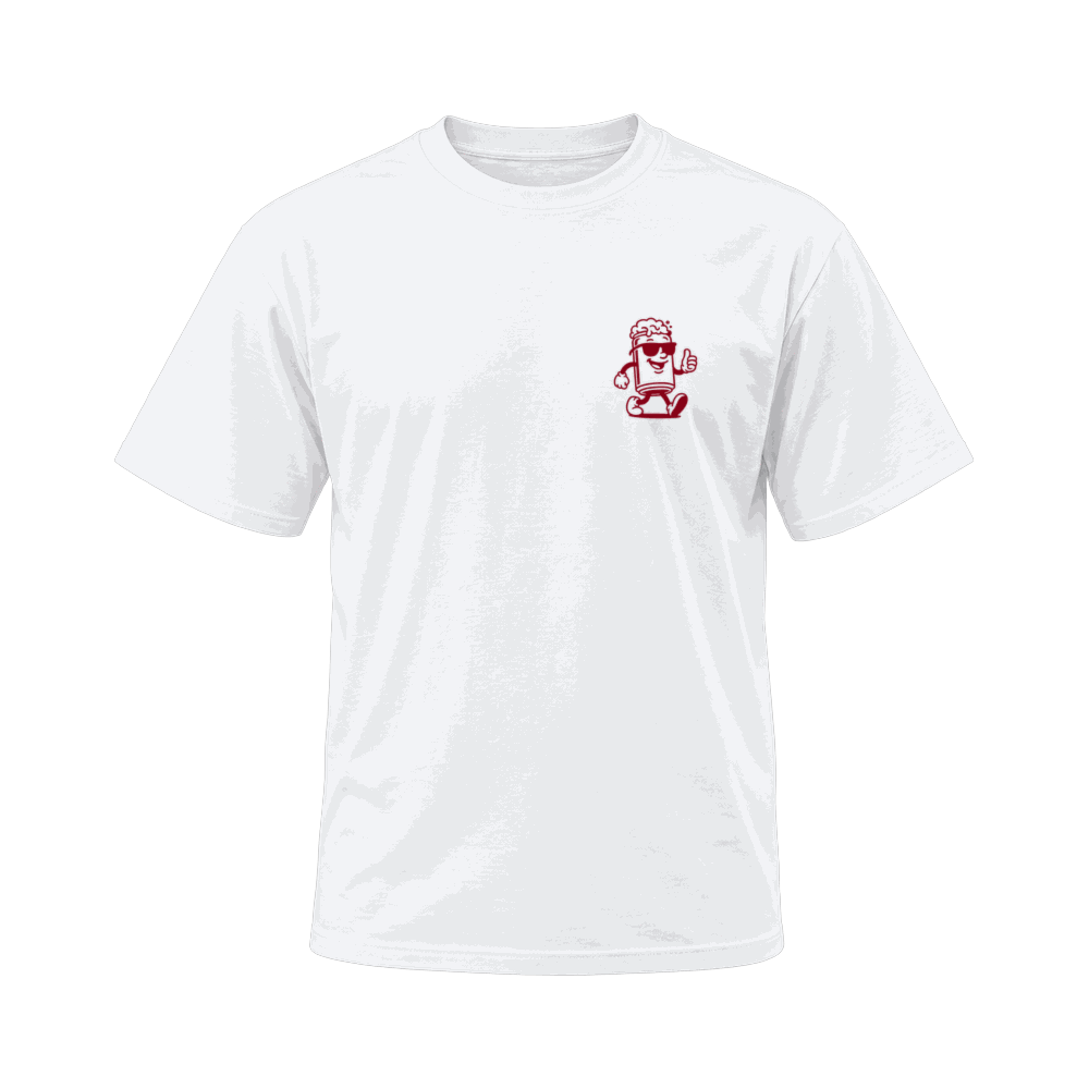 White cotton t-shirt with the ODC mascot printed small on the left chest, photographed on a plain ground
