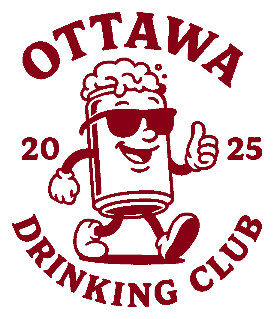 Ottawa Drinking Club badge: a walking beer glass in sunglasses, ringed by OTTAWA above, 20 and 25 either side, and DRINKING CLUB below